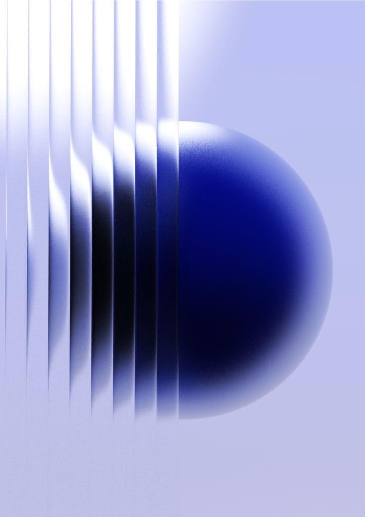 A deep blue sphere half hidden behind a row of upright paper folds, each one catching a different amount of light.