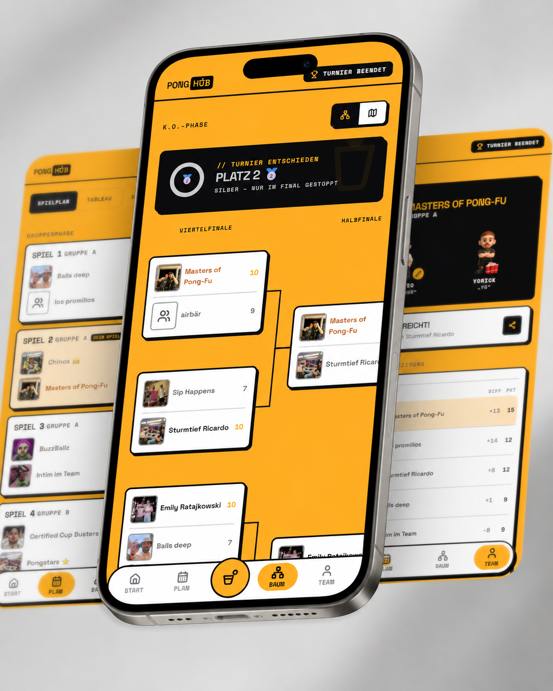 Three phones running PongHub: the group-stage schedule, the knockout bracket and a team's standings.